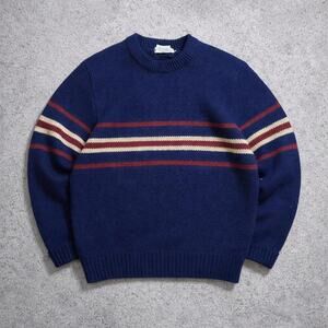 Woolrich Geometric Wool Grandpa Sweater Size M USA Made Cable Knit Navy Blue